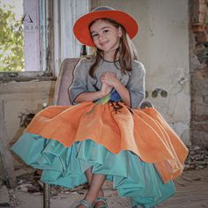 Handmade, unique felt midi dress for girls for fall. Orange felt skirt with a turquoise petticoat and gray top with a 3D bird motif. Combine this unique dress with a matching felt hat for girls in orange and gray with a 3D felt bird embellishment. Fall outfit for kids. 3d Bird, Fall Orange, Unique Dress, Bird Motif