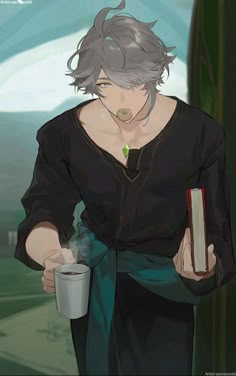 an anime character holding a book and a cup