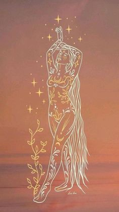 a drawing of a woman with long hair and stars on her chest, standing in front of an orange sky