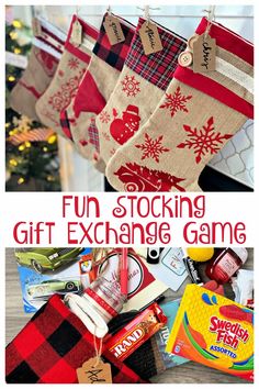 christmas stockings hanging from the ceiling with text overlay that reads fun stocking gift exchange game