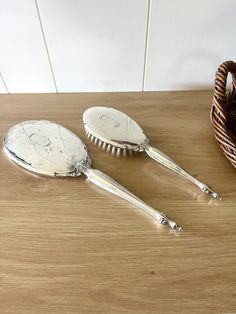 "Vintage 1940s Webster Sterling (Marked) Silver Hand Mirror & Hair Brush Set.  Engraved \"W\" on both with elegant Art Deco styling.  Good vintage condition for their age, Sterling shines and polishes nicely (will need additional polishing), light scuff/wear marks. No chips, cracks in Mirrow.   Mirror measures 13\" in length, Brush 10\" ." Silver Hand Mirror, Vintage Inspired Hair, Makeup Silver, Antique Stuff, Hair Brush Set, Ladies Hair, Styling Brush, Elegant Art, Vintage Vanity