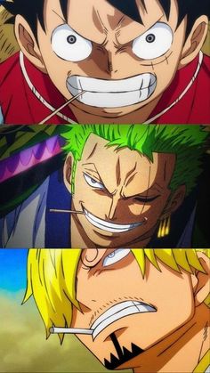 three anime characters with different facial expressions, one has green hair and the other has yellow hair