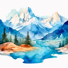 watercolor painting with mountains and trees in the background