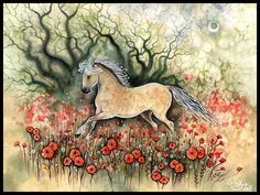 a painting of a horse running through a field with red flowers in the foreground