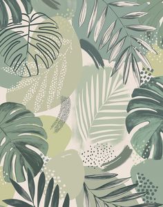 a green and white wallpaper with tropical leaves