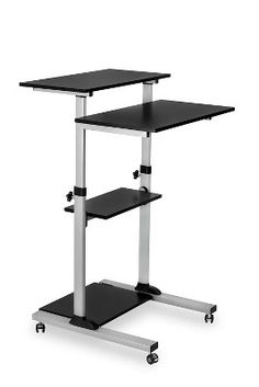 a computer desk with two shelves and wheels on the bottom one shelf is black and silver