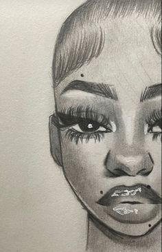 a pencil drawing of a woman's face with long lashes and eyeliners