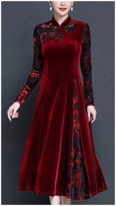 Gold Velvet Dress, Stand Collar Dress, Outfits Dress, Velour Dress, Red Velvet Dress, Cheongsam Dress, Linen Maxi Dress, Comfortable Room, Spring Women