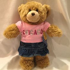 a brown teddy bear wearing a pink shirt and denim skirt with the word chicago on it