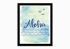 a watercolor painting with the word aloha in blue and green on it