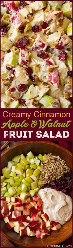 an assortment of fruit salads with cream cheese and cranberry cinnamon dressing on top