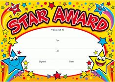 a star award certificate with colorful stars on the front and bottom, as well as an image