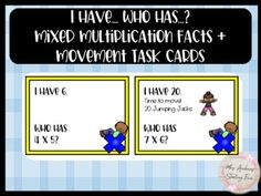 two cards with the words i have who has mixed multiplication faces and movement task cards