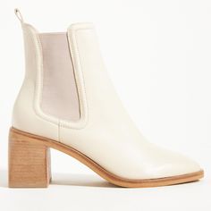 Color- Ivory, Great Condition White Almond Toe Heels With Reinforced Heel, White Low Heel Summer Boots, White Low Heel Boots For Summer, Off White Pointed Toe Boots For Spring, White Heels With Square Toe, Medium Width, White Block Heel Shoes For Fall, White Heels With Medium Width And Square Toe, White Heels With Square Toe, Off White High Heel Spring Boots