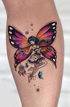 a woman's leg with a butterfly tattoo on her thigh and the image of a fairy