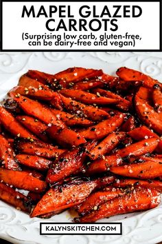 Pinterest image for Maple-Glazed Carrots on serving plate with spoon. Maple Glazed Carrots Slow Cooker, Crockpot Maple Glazed Carrots, Crock Pot Maple Glazed Carrots, Carmelized Carrots, Maple Balsamic Carrots, Marinated Carrots, Carmalized Carrots Easy, Balsamic Carrots