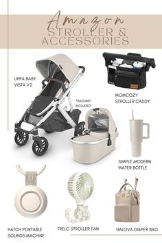 the baby stroller and accessories list is shown