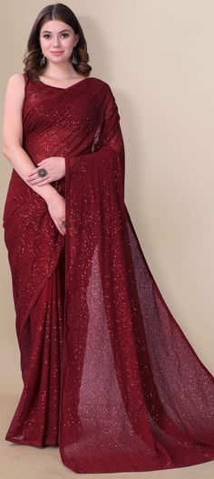 Cost Includes Saree,Unstitched BlouseFall & Edging Work Description: Red and Maroon color Saree in Georgette fabric with Embroidered, Sequence, Thread work Fabric: Georgette Work: Embroidered, Sequence, Thread Color Family: Red and Maroon Style: Classic Occasion: Designer, Party Wear Saree Dimension: 530 Cm x 110 Cm ( L x W) Blouse Length: 80 Cm Approx Washing Instruction: Dry Wash Designer Party Wear Saree, Maroon Saree, Bridal Dresses Pakistan, Fancy Sarees Party Wear, Pakistani Fashion Party Wear, Utsav Fashion, Georgette Saree, Georgette Fabric, Saree Look