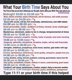 a poster with the words what your birth time says about you in different font and numbers