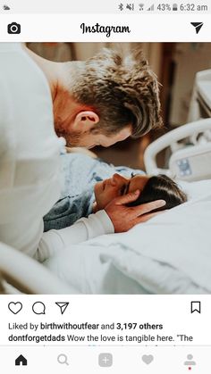 the man is kissing the woman in the hospital bed