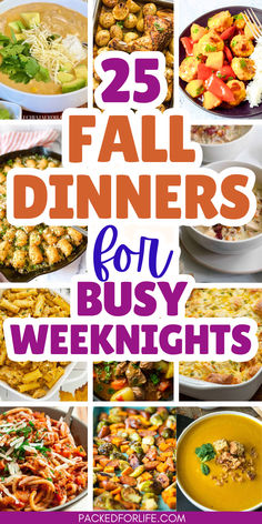 Text overlay 25 fall dinners for busy weeknights. With 12 photos of fall dinners from squash soup & white chicken chili, to tater tot turkey casseroles, & turkey pasta to harvest veggies sheet pan meals and beef stew. Fall Simple Dinner Recipes, Few Ingredient Fall Recipes, New Food Ideas Simple Recipes, Fall Time Meals, Easy Fall Meals For Two, Dinner Ideas Family Main Dishes, Summer To Fall Recipes, Early Fall Meal Ideas, Fall Meals Dinners Healthy