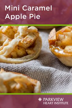 mini caramel apple pies on a towel with text overlay reading mini caramel apple pie