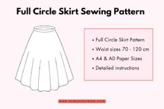 the full circle skirt sewing pattern is available in sizes ranging from 0 to 20cm