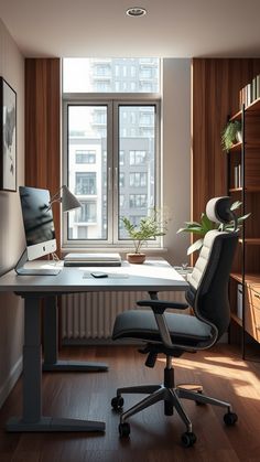 Transform your home office with an inspiring workspace! Enjoy ergonomic comfort, natural light, and a touch of greenery for a fresh, professional vibe. 🌱✨ #HomeOffice #WorkspaceDesign Home Office Ergonomic, Working Space, Workspace Design, Desk Setup, Walnut Wood, Natural Light, Work Space, Home Office