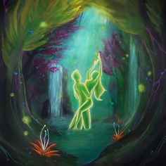 a painting of two people dancing in front of a waterfall with trees and flowers around them