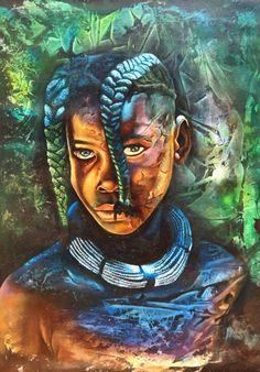 a painting of a woman with braids on her head and face, painted in acrylic paint