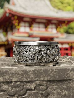 Japanese Rings Men, Japanese Rings, Japanese Lotus Flower, Waves Ring, Japanese Lotus, Mens Ring Designs, Mushroom Ring, Mens Band Rings, Japanese Waves