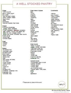 a well stocked pantry list with words on it