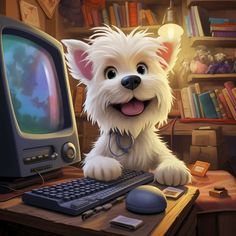 a white dog sitting on top of a desk next to a computer