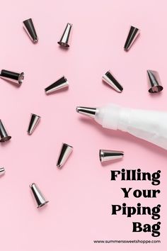 a pink background with several different types of piping tools and the words filling your piping bag