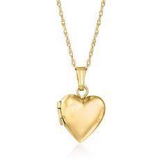 Ross-Simons - Plain - Baby's 14kt Yellow Gold Heart Locket Necklace. Size 13. Timeless elegance for the little lady in your life. This baby's heart locket necklace is crafted in 14kt yellow gold and opens to hold a small photo or keepsake. Suspends from a rope chain. Springring clasp, 14kt yellow gold heart locket necklace. Classic Heart Shaped 14k Gold Locket Necklace, Classic 14k Gold Heart Locket Necklace, Classic Yellow Gold Locket Necklace With Heart Charm, Classic Heart Necklace For Keepsake, Classic Yellow Gold Heart Locket Necklace, Classic Heart Locket Necklace, Gold Heart Locket Necklace, Gold Heart Locket, Gold Locket Necklace