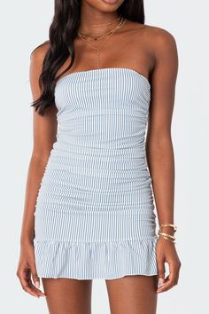 Mini dress Gathered detailing Ruffle hem Striped pattern Polyester, Spandex Model wears size S Model height is 5'9 Item care: Wash with similar color Rush Outfits, Mini Tube Dress, Womens Workout Outfits, Summer Fits, Swim Dress, Nordstrom Dresses, Ruffle Hem, Striped Dress, Pretty Dresses