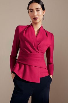 Magenta Top, Lipstick Pink, Wool Crepe, Classic Blouses, Fancy Dress Design, The Fold, Evening Outfits, Work Wardrobe, Formal Outfit