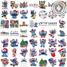 various cartoon characters with christmas hats and presents on them, all in different poses for the camera