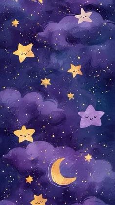 the night sky with stars and moon in it is painted on purple paper by hand