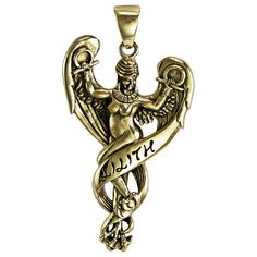 a gold pendant with an angel holding a snake