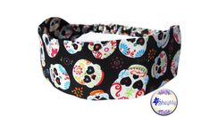 Day of the Dead Headband, Sugar Skull Print Fabric, 2 Inch Wide Top with an Elastic Back, Comfortable Fit, Black Multicolor, Sheylily Hippie Headbands, Headband Styles, Cool Hair Color, Skull Print, Turbans, Knot Headband