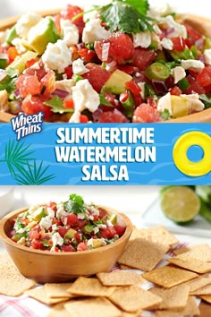 a bowl of watermelon salsa with tortilla chips