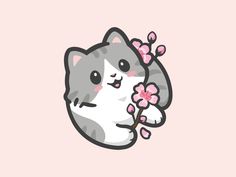 a cat with pink flowers on its head is holding onto a branch in the air