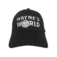 Black Wayne's World embroidered Hat. 100% heavy brushed cotton twill, structured cap Adjustable with tri-glide buckle closure Adult size/One size fits all Trucker Style Cotton Baseball Cap With Embroidered Logo, Cotton Trucker Cap With Embroidered Logo, Trucker Cotton Baseball Cap With Embroidered Logo, Wayne Campbell, Waynes World Hat, Mike Myers, World Logo, Wayne's World, Logo Hat