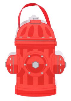 a red fire hydrant shaped lunch box with handles on the front and sides, designed to look like it is made out of cardboard