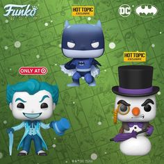 three funky pop vinyls are shown in different styles and colors, including batman, the joker