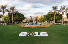 a fountain in the middle of a lawn with flowers around it and palm trees behind it