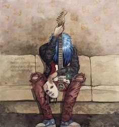 a painting of a person sitting on a couch with a guitar in their hand and his head up