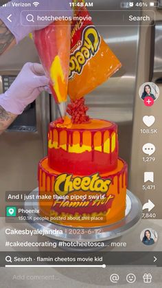 a cake that has been decorated to look like a cheetos advertisement on it