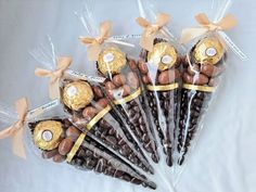 chocolate candies wrapped in cellophane and tied with ribbon